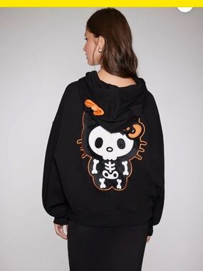 Black Hoodie with Cute Skeleton Character and Orange Accents
